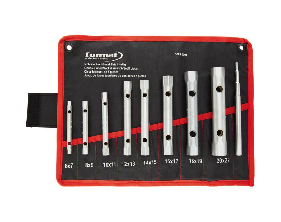 Ausführung: DIN 896, ISO 2236, Form B. Aus nahtlos gezogenem Präzisions-Stahlrohr, verchromt, mit Bohrungen für Drehstifte. Lieferung in Nylon-Rolltasche.