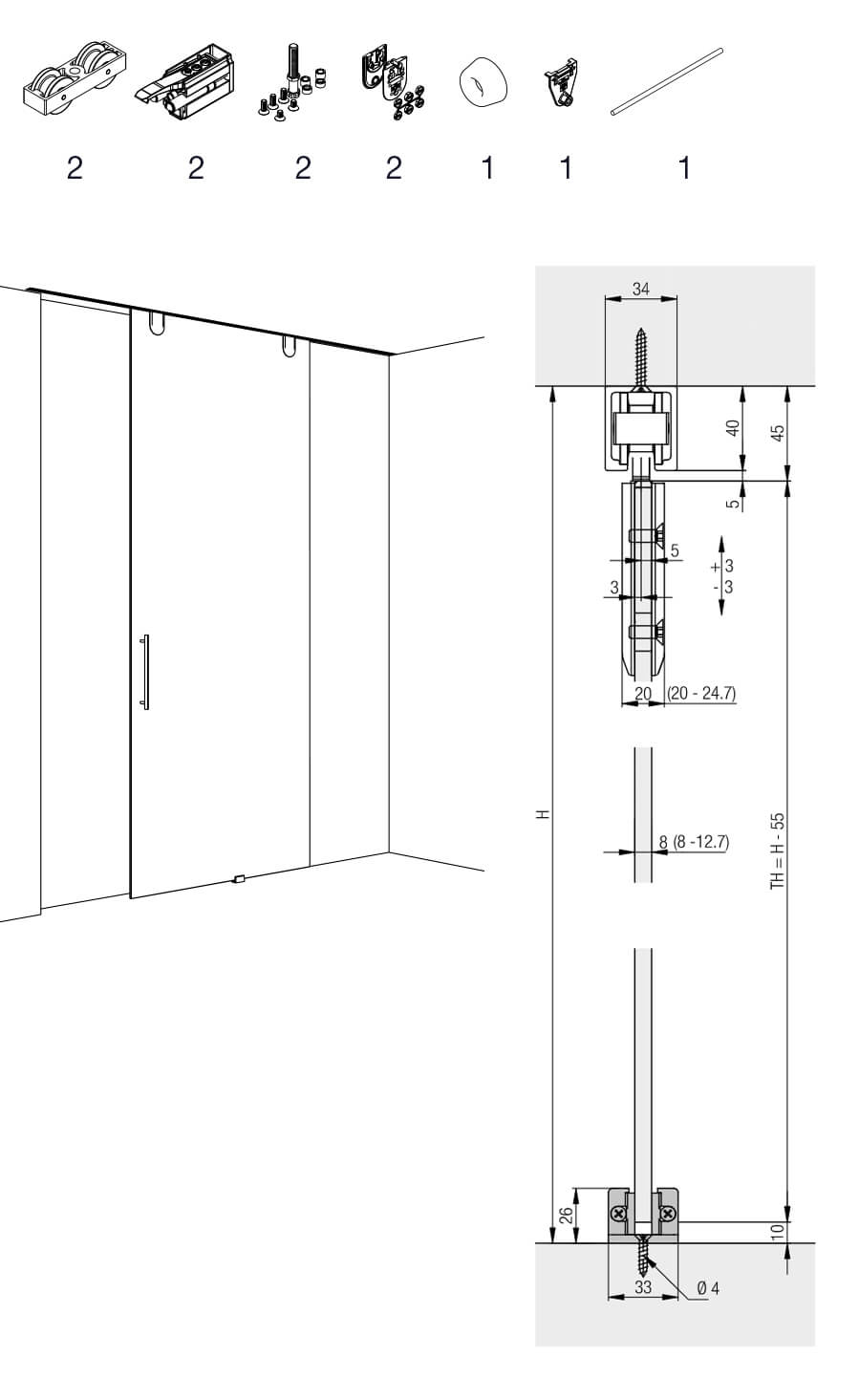 Hawa Junior 100 GP guarnitura per 1 porta scorrevole in vetro, senza binario di scorrimento