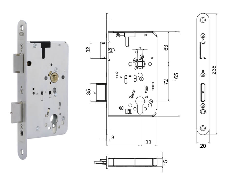 Serratura antipanico B 2327 per porte a 2 ante  
