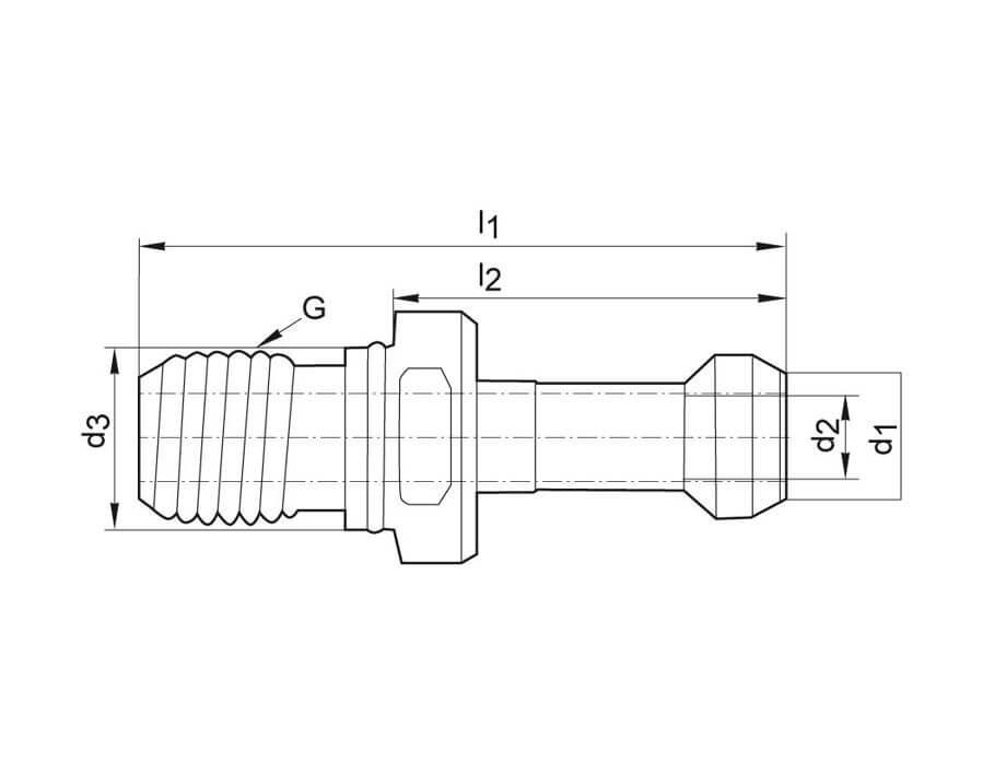 Anzugbolzen, ISO 7388-2 (JIS B 6339 MAS/BT), mit Durchgangsbohrung
