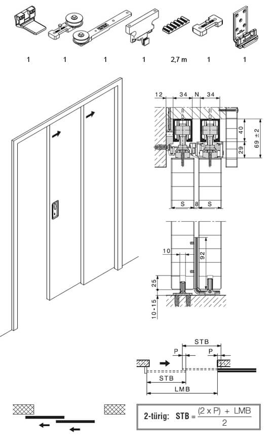 Hawa Telescopic 80/2 guarnitura parziale per 2 ante scorrevoli