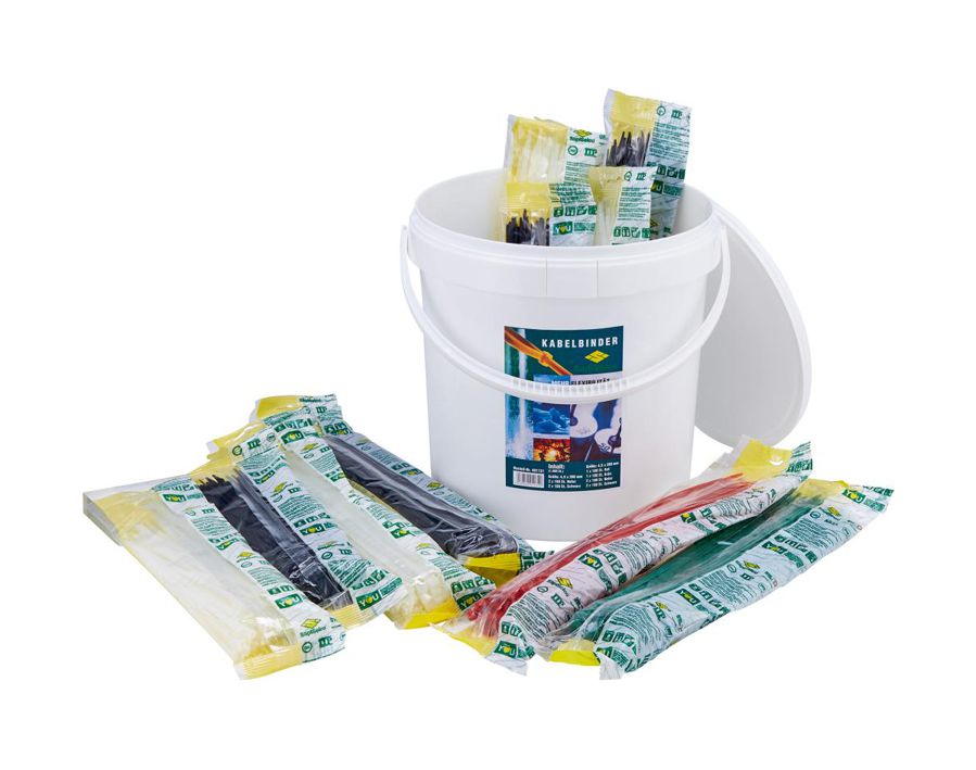 Kabelbinder-Sortiment im Kunststoff-Eimer