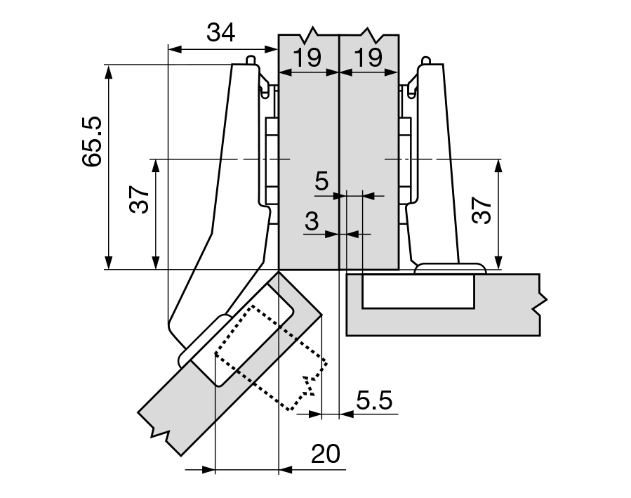 +45° I-cerniera per mobili ad angolo, mezza battuta a sormonto CLIP top