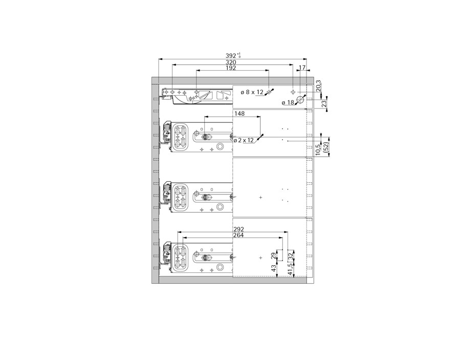 Disegno costruttivo: larghezza di montaggio: 392 mm