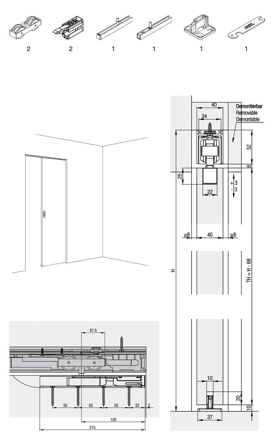 Hawa Junior 100 B Pocket guarnitura per 1 anta in legno con 2 SoftStop
