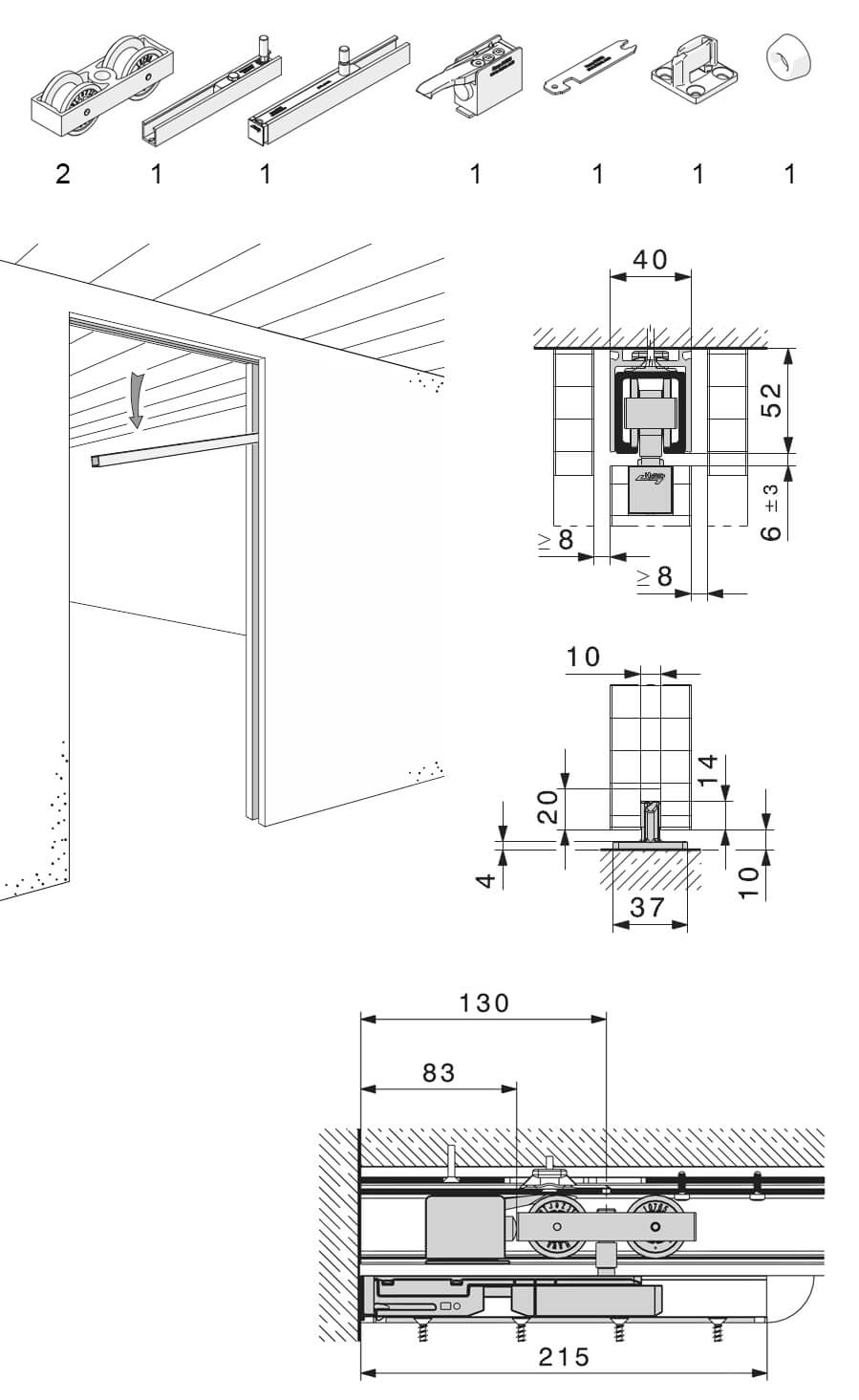 Hawa Junior 80 B Pocket guarnitura per 1 anta scorrevole, senza kit di smontaggio, senza binario di scorrimento