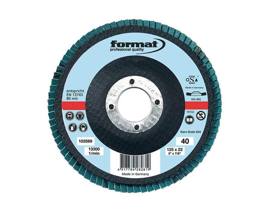 Fächerschleifscheibe für die Edelstahlbearbeitung, Zirkonkorund, Ø 125 mm, 6° gewölbt