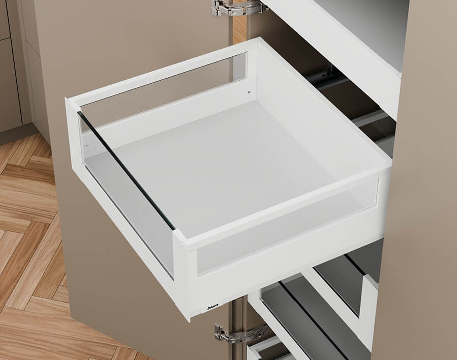 Merivobox - Cassetto interno con vetro - altezza E ringhierina longituginale - bianco seta opaco 