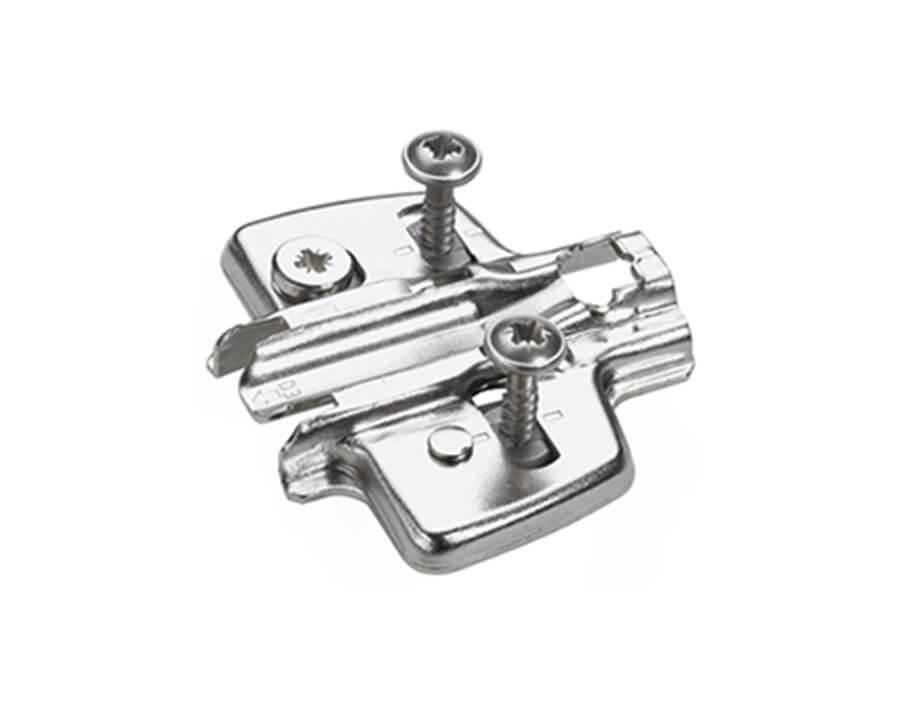 Basetta a croce brevettata System 8099 Hettich Direkt Top con perni di posizionamento e viti speciali per cerniere Sensys e Intermat