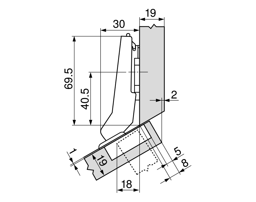 +30° II-cerniera per mobili ad angolo, battuta a sormonto CLIP top