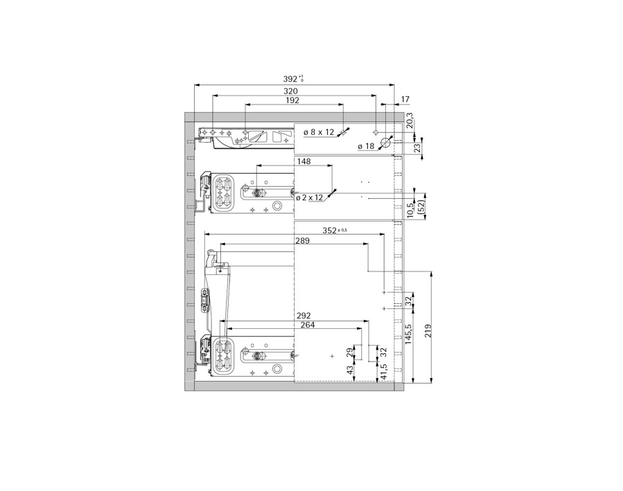 Disegno costruttivo: Cassettiera larghezza di montaggio: 392 mm