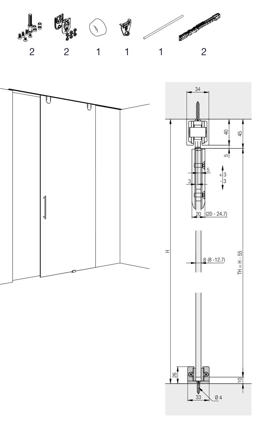 Hawa Junior 100 GP guarnitura per 1 porta scorrevole in vetro, con 2 ammortizzatori SoftMove 100, senza binario di scorrimento