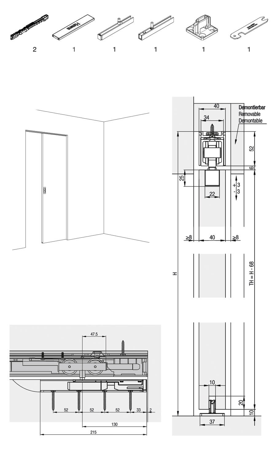 Hawa Junior 100 B Pocket guarnitura per 1 anta in legno con 1 ammortizzatore SoftMove 100