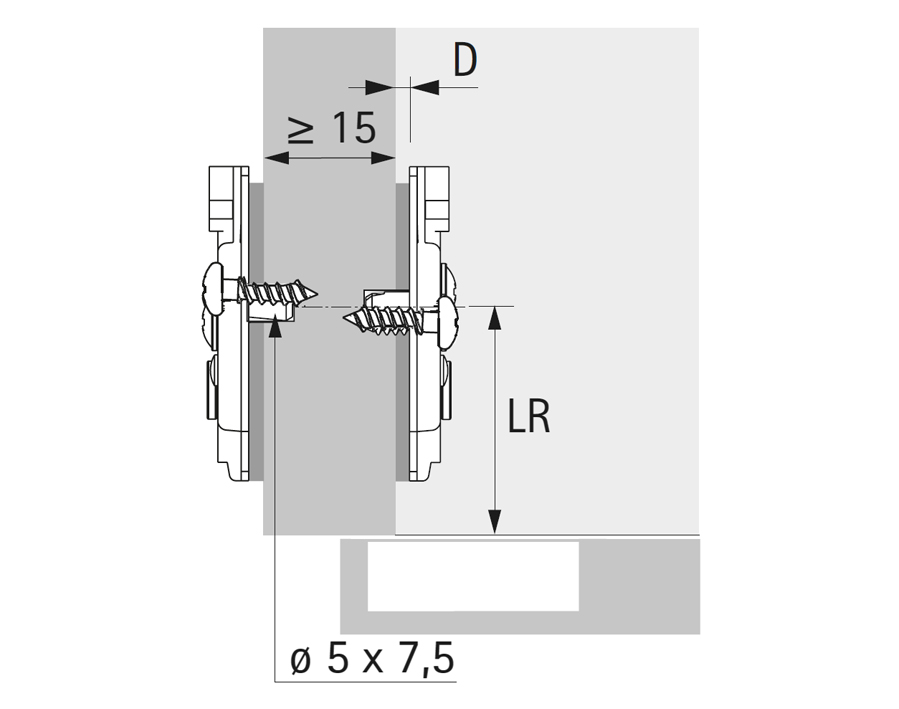 Basetta a croce brevettata System 8099 Hettich Direkt Top con perni di posizionamento e viti speciali per cerniere Sensys e Intermat