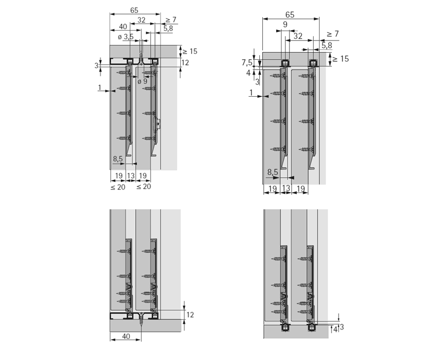 SlideLine M kit ferramenta per ante ammortizzate (ammortizzazione in chiusura, in apertura e anticollisione)