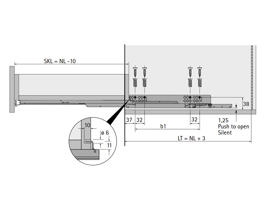 Guida ad estrazione totale per cassetti in legno Quadro V6 YOU con Silent System 