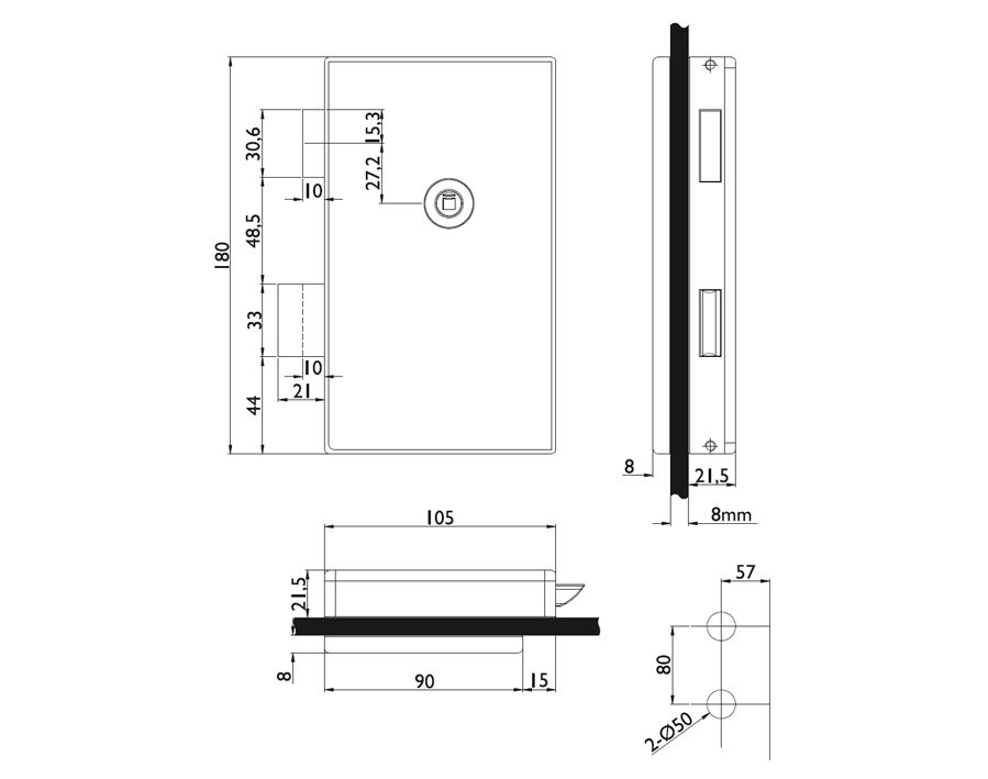 Scatola per serratura per porte in vetro