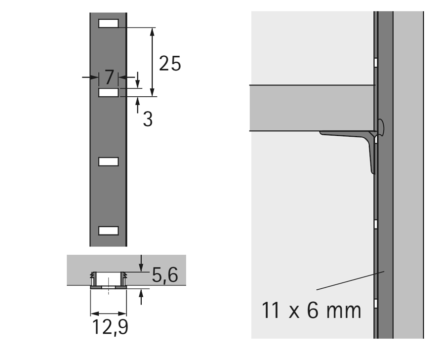 Cremagliera per reggipiani Vari Alu 11 x 6 mm con interasse fori 25 mm