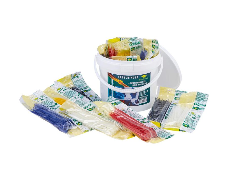 Kabelbinder-Sortiment im Kunststoff-Eimer