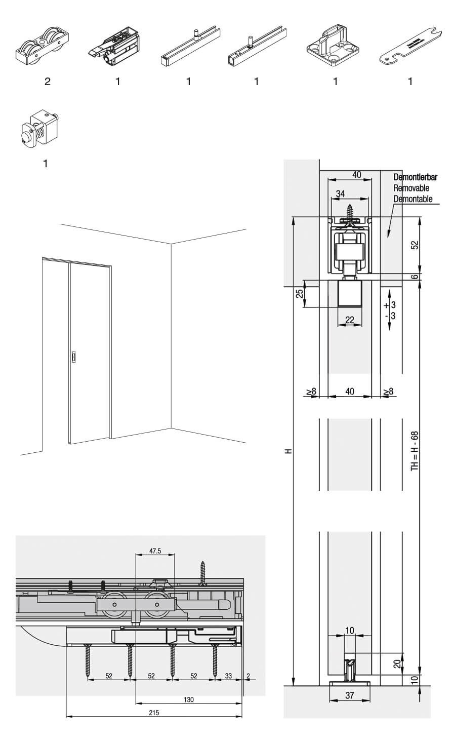 Hawa Junior 100 B Pocket guarnitura per 1 anta in legno con 1 SoftStop 100 e 1 paracolpi a molla