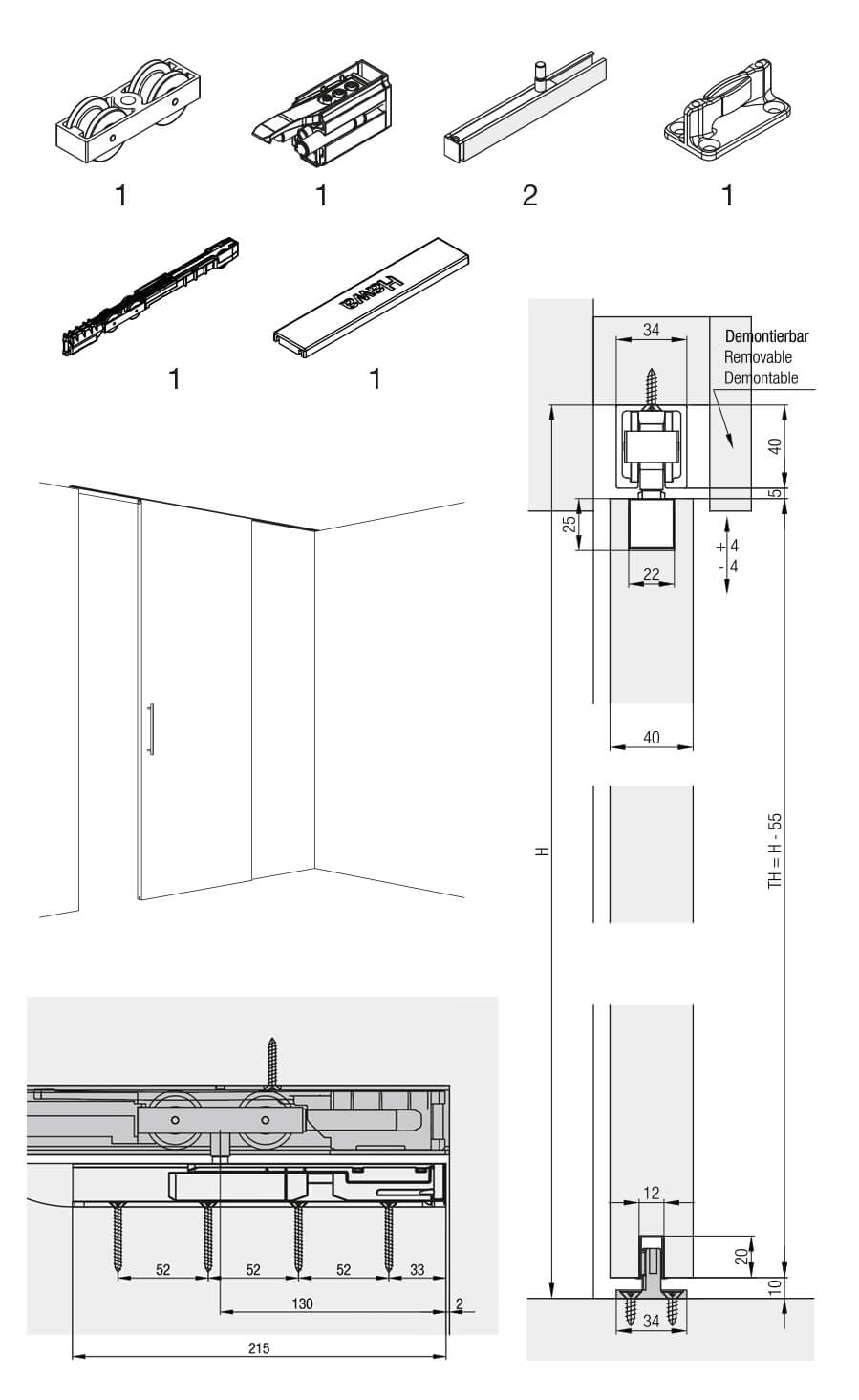 Hawa Junior 100 B  guarnitura per 1 anta in legno con 1 ammortizzatore SoftMove 100 e 1 SoftStop 