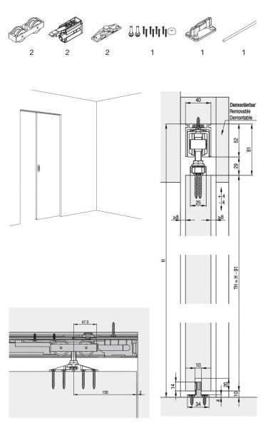 Hawa Junior 100 Z / Z Pocket guarnitura per 1 anta in legno con 2 SoftStop