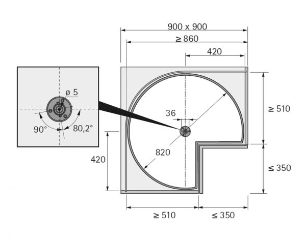 Dispositivo girevole per basi ad angolo con vassoi girevoli a 3/4 di cerchio