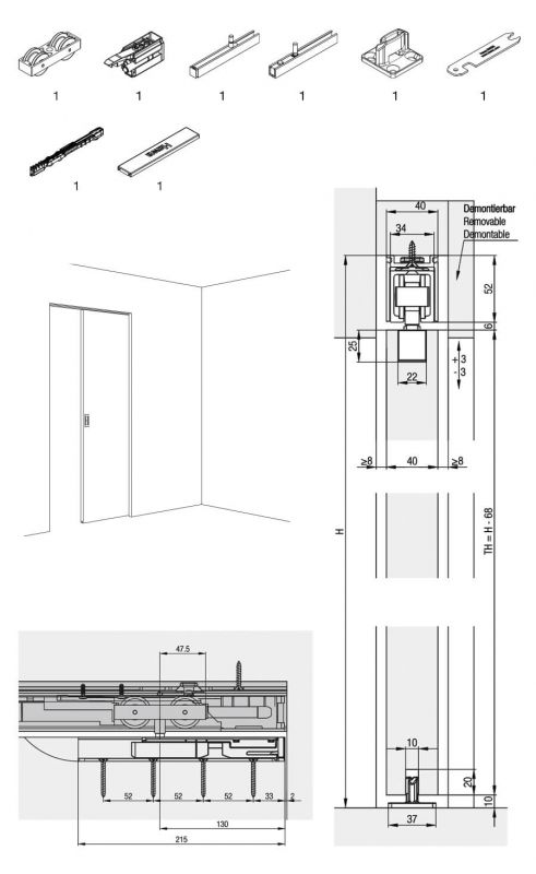 Hawa Junior 100 B Pocket guarnitura per 1 anta in legno con 1 ammortizzatore SoftMove 100 e 1 SoftStop