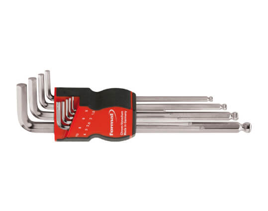 Serie di chiavi maschio esagonali piegate lunghe con sfera da 9 pezzi DIN 911 L, ISO 2936 L 